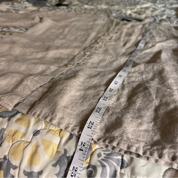 Eileen Fisher Tan Linen Mandarin Collar Button Down, 3 Quarter Sleeve Top, XS - Picture 6 of 10